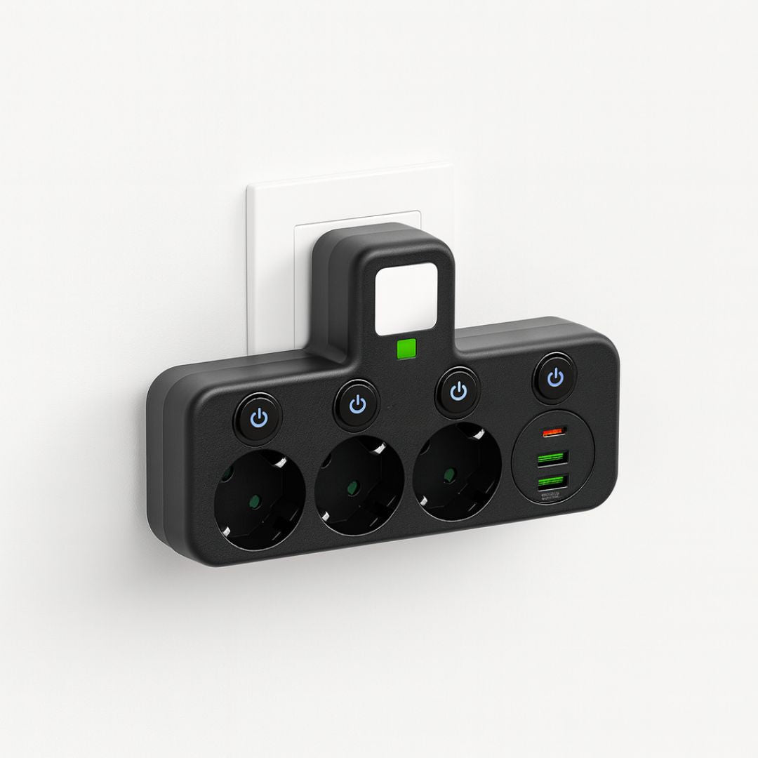 Svartvitt grenuttag med 3 eluttag, USB-C laddning & strömbrytare. Perfekt för hem & kontor.