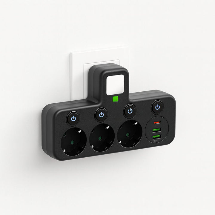 Svartvitt grenuttag med 3 eluttag, USB-C laddning & strömbrytare. Perfekt för hem & kontor.
