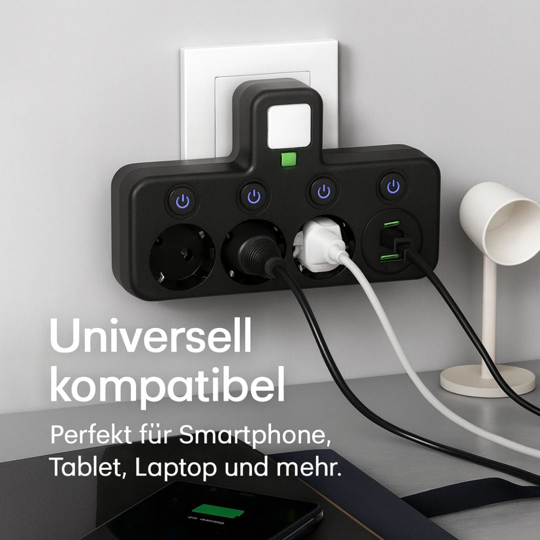 Multigrenuttag med USB-C port & 3 jordade eluttag. Inbyggd strömbrytare för säker laddning.