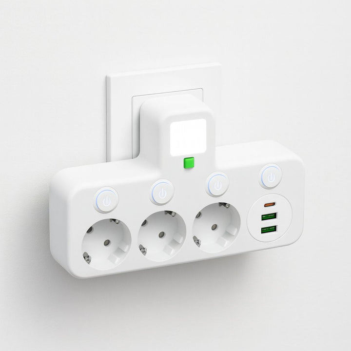 Smart grenuttag i svart/vit design med 3 uttag, USB-C laddare & on/off strömbrytare för elektronik.