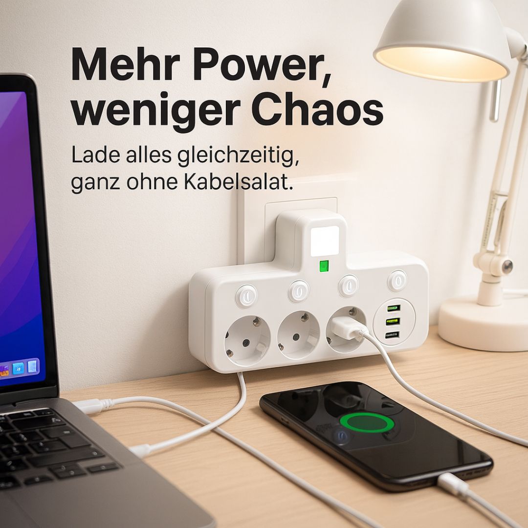 Kompakt svartvitt grenuttag för kontor/hem. 3 eluttag, USB-C laddport & strömbrytare för enkel hantering.