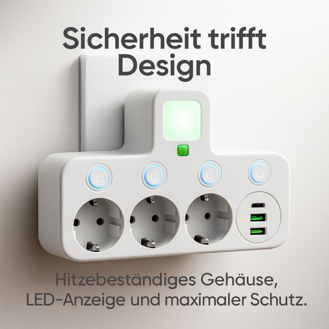 Modernt grenuttag med USB-C för snabb laddning, 3 eluttag & strömbrytare. Idealisk laddstation.