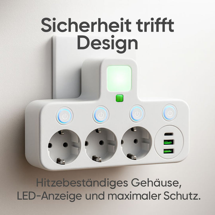 Modernt grenuttag med USB-C för snabb laddning, 3 eluttag & strömbrytare. Idealisk laddstation.