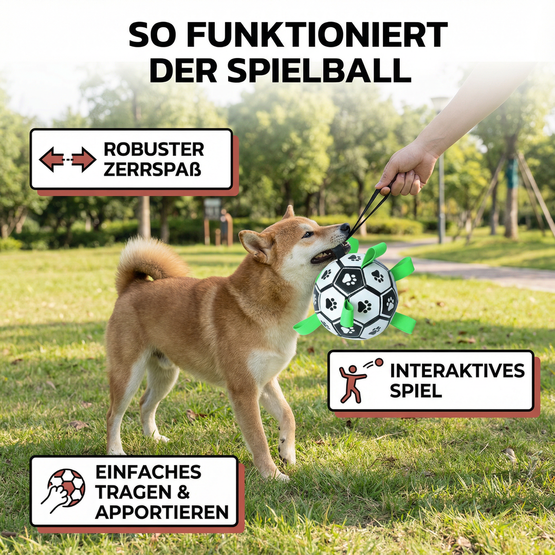 Slitstark lekboll för hundar med ergonomiskt draghandtag. Idealisk som träningsleksak och för utomhuslek.