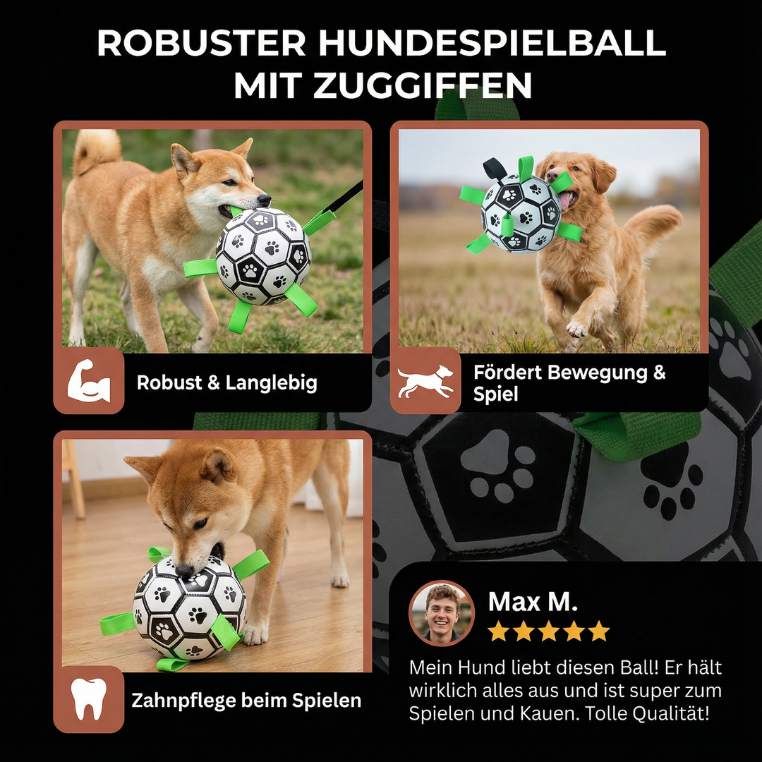 Interaktiv dragboll för hund, perfekt för apport, dragkamper och träning. En tålig hundleksak med handtag.