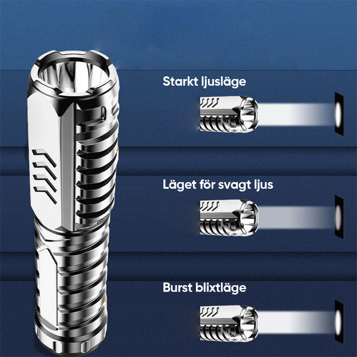 "Taktisk LED-ficklampa med 3 lägen, robust aluminium, superljus, idealisk för friluftsliv och nödsituationer."