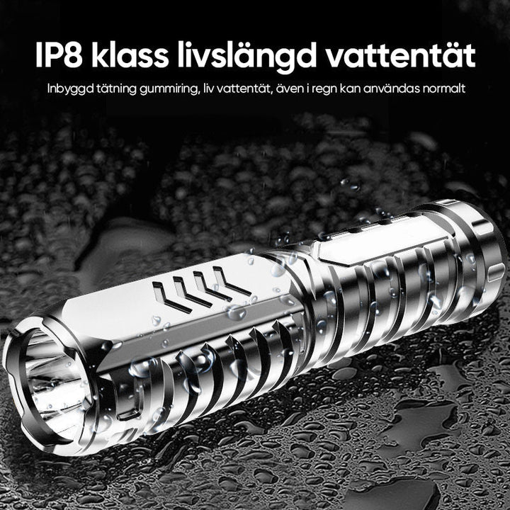 "Taktisk LED-ficklampa med 3 lägen, robust aluminium, superljus, idealisk för friluftsliv och nödsituationer."