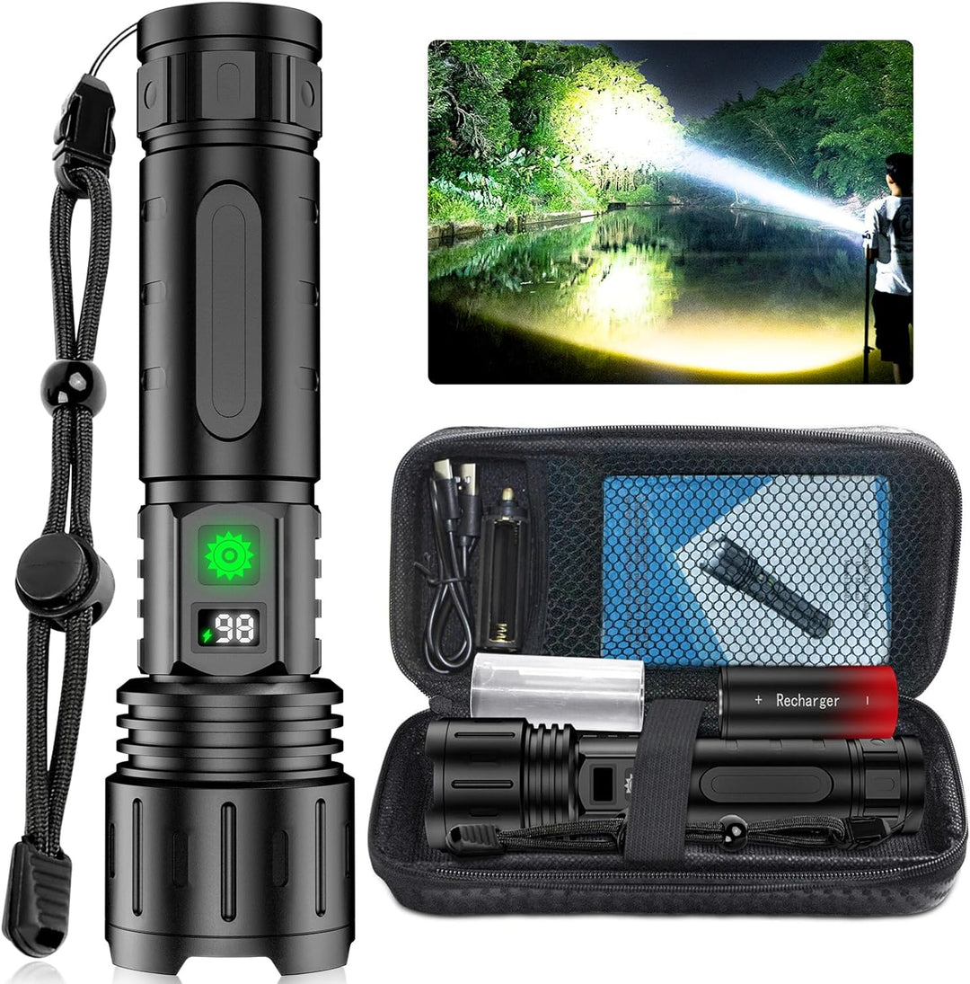 Taktisk LED-ficklampa med extrem ljusstyrka och inbyggd powerbank, perfekt för utomhusbruk och nödsituationer.