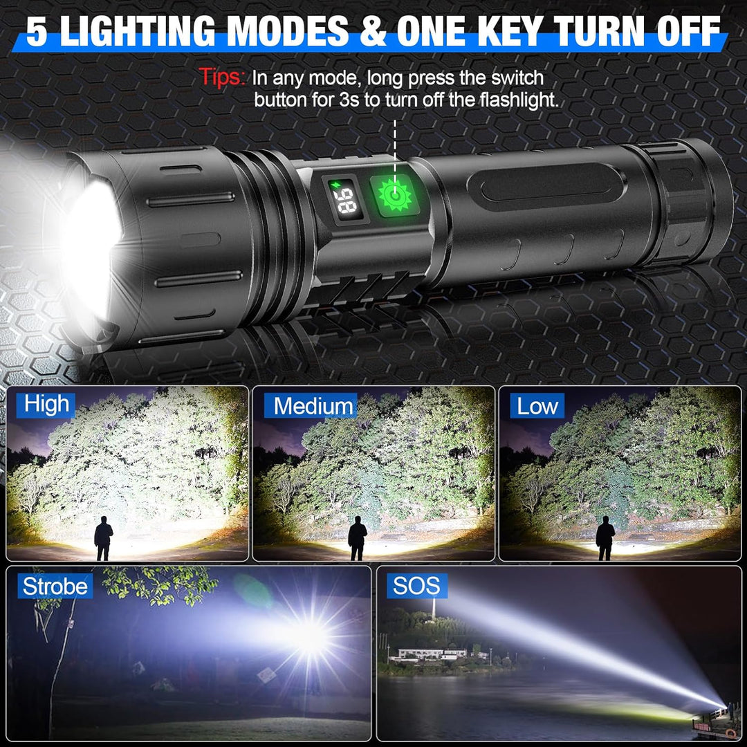 Uppladdningsbar LED-ficklampa med integrerad powerbank för att ladda telefoner och enheter utomhus.
