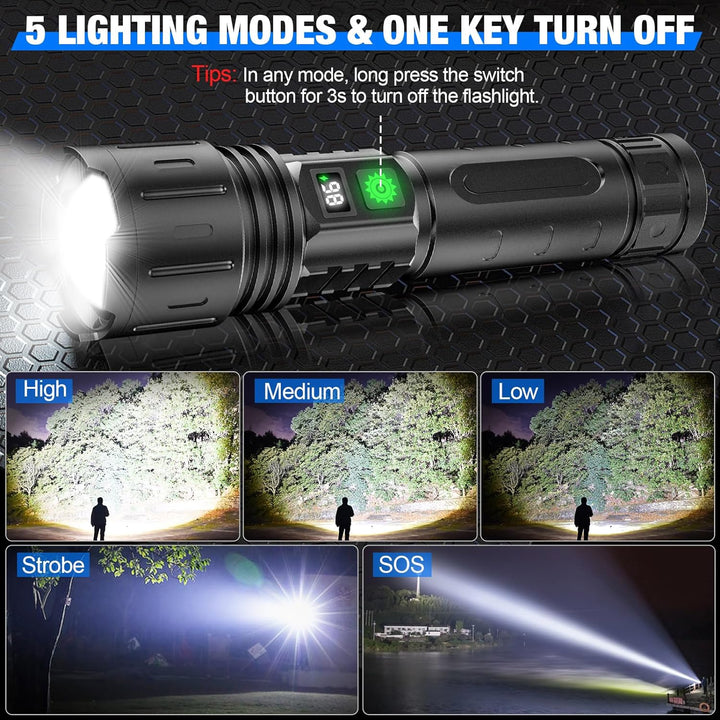 Uppladdningsbar LED-ficklampa med integrerad powerbank för att ladda telefoner och enheter utomhus.