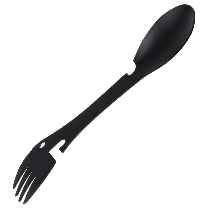 "Taktisk svart 5-i-1 Spork i rostfritt stål för camping, kombinerar gaffel, kniv, sked, burköppnare och flasköppnare."