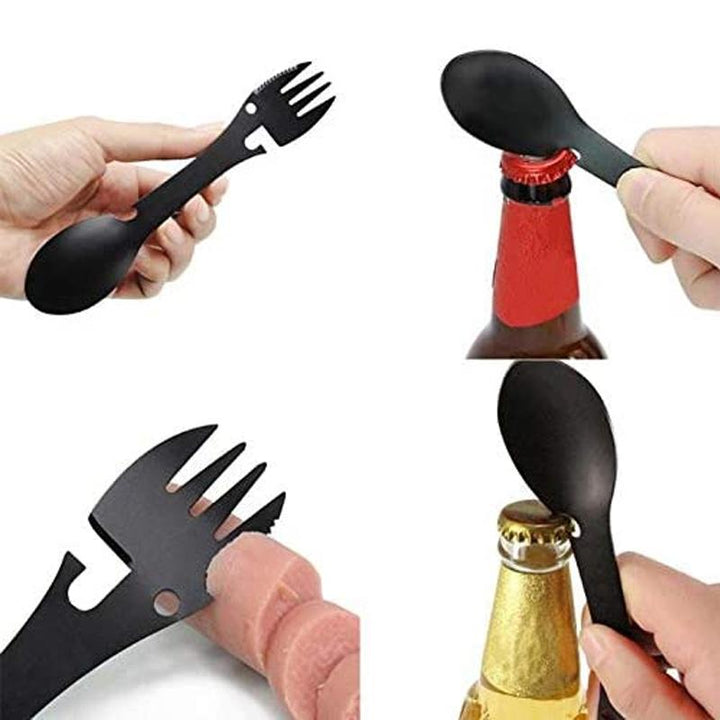 "Taktisk svart 5-i-1 Spork i rostfritt stål för camping, kombinerar gaffel, kniv, sked, burköppnare och flasköppnare."
