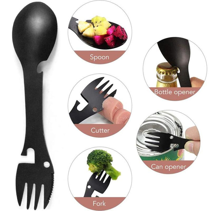 "Taktisk svart 5-i-1 Spork i rostfritt stål för camping, kombinerar gaffel, kniv, sked, burköppnare och flasköppnare."