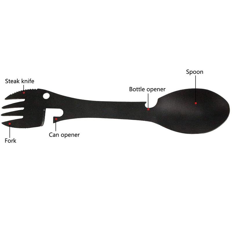 "Taktisk svart 5-i-1 Spork i rostfritt stål för camping, kombinerar gaffel, kniv, sked, burköppnare och flasköppnare."