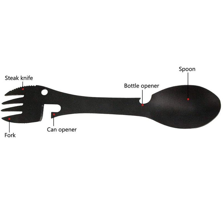 "Taktisk svart 5-i-1 Spork i rostfritt stål för camping, kombinerar gaffel, kniv, sked, burköppnare och flasköppnare."