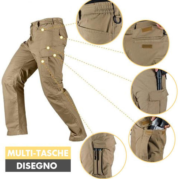 "Taktiska herrbyxor i khaki/svart/grön bomull, flera fickor, ergonomisk design, perfekt för utomhusäventyr."