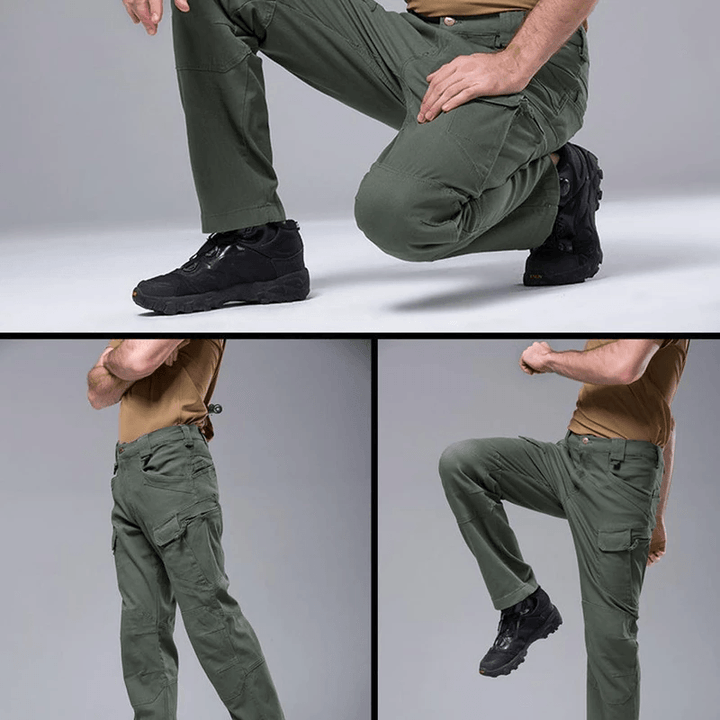 "Taktiska herrbyxor i khaki/svart/grön bomull, flera fickor, ergonomisk design, perfekt för utomhusäventyr."