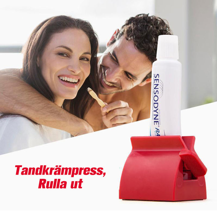 "Tandkrämsklämma i hållbar plast, multifunktionell, pressar ut tandkräm effektivt, kompakt design, passar alla tuber."