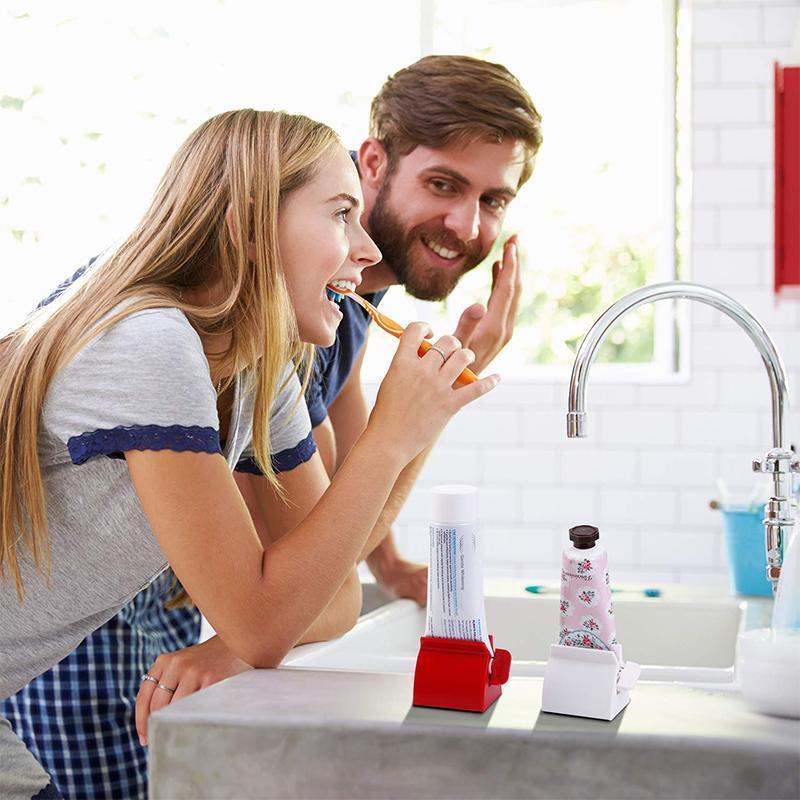 "Tandkrämsklämma i hållbar plast, multifunktionell, pressar ut tandkräm effektivt, kompakt design, passar alla tuber."