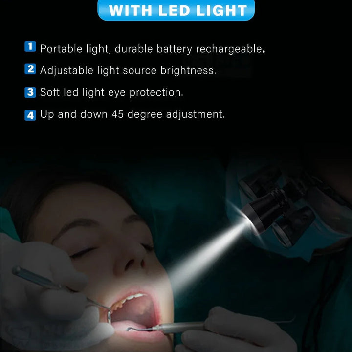 Lila tandläkarloopar med LED-belysning & förstoringsglas för noggrann diagnostik.
