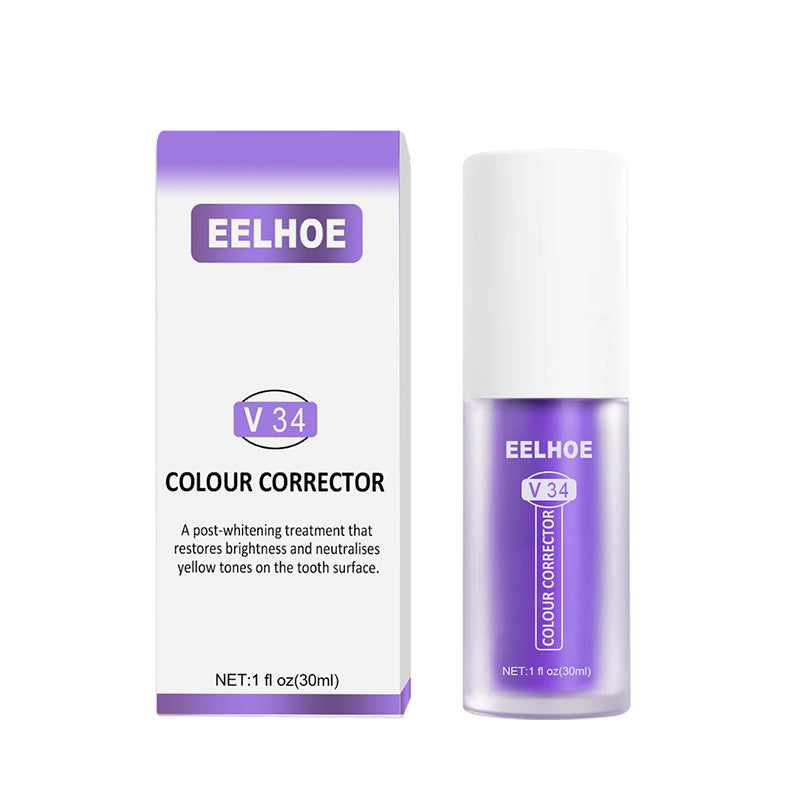 "Tandvård färgkorrigering i violett toner för ett naturligt vitt leende, eliminerar gula nyanser, perfekt för dagligt bruk."
