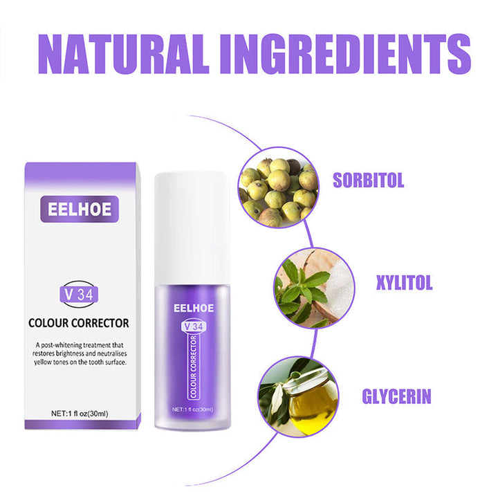 "Tandvård färgkorrigering i violett toner för ett naturligt vitt leende, eliminerar gula nyanser, perfekt för dagligt bruk."