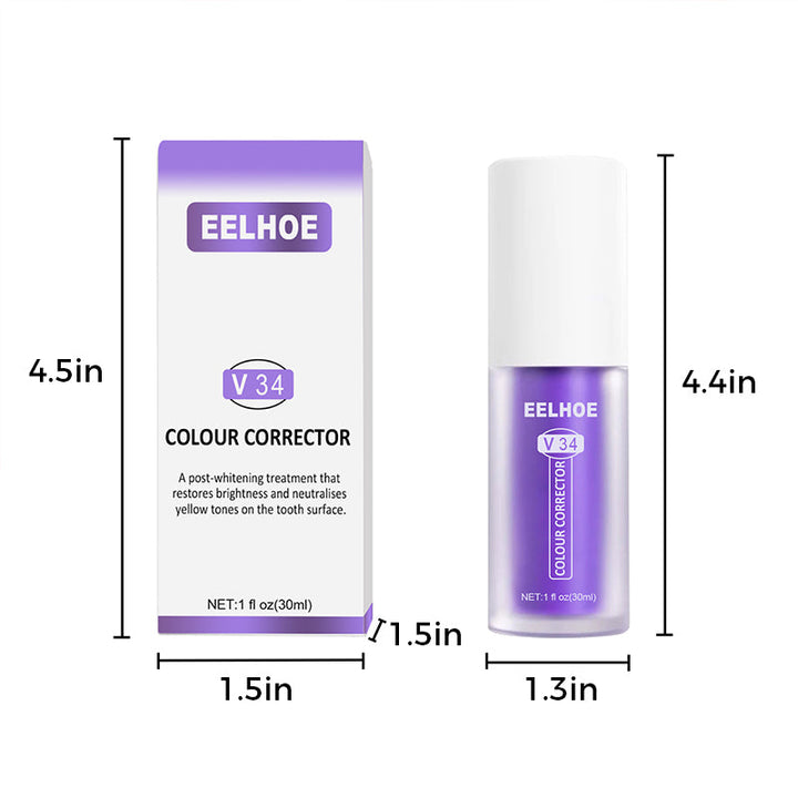 "Tandvård färgkorrigering i violett toner för ett naturligt vitt leende, eliminerar gula nyanser, perfekt för dagligt bruk."