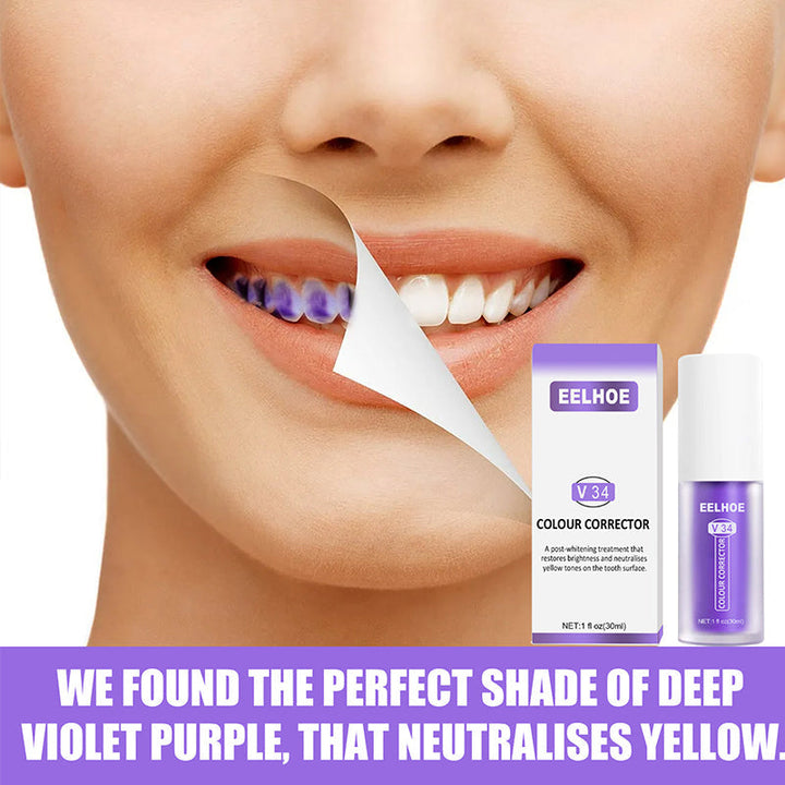 "Tandvård färgkorrigering i violett toner för ett naturligt vitt leende, eliminerar gula nyanser, perfekt för dagligt bruk."