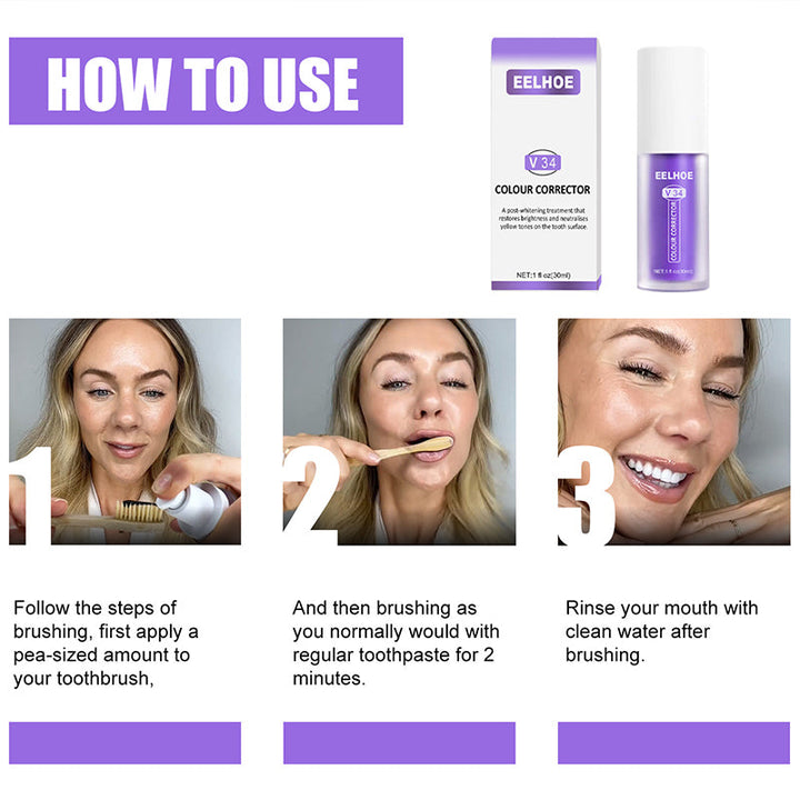 "Tandvård färgkorrigering i violett toner för ett naturligt vitt leende, eliminerar gula nyanser, perfekt för dagligt bruk."