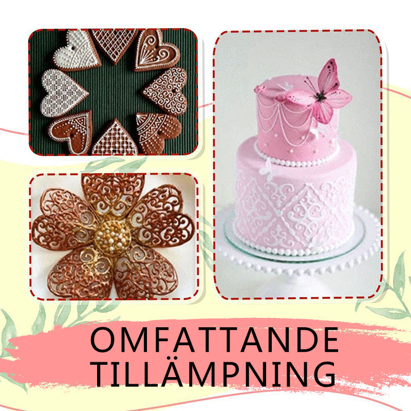 "Tårtdekorationsstencil set 10 st, vita stenciler med unika mönster, för att skapa professionella tårtdekorationer."