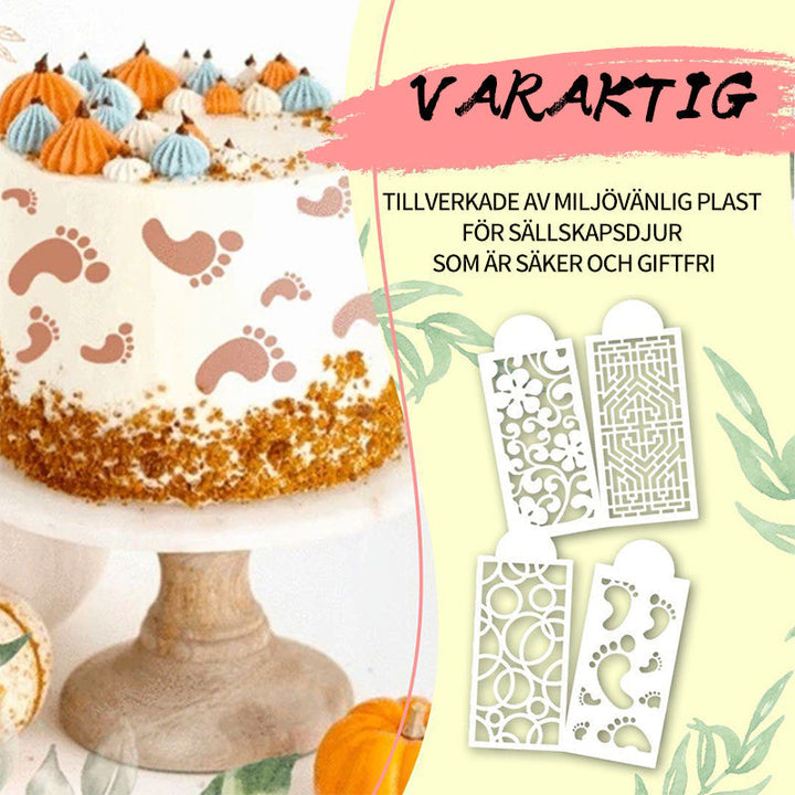 "Tårtdekorationsstencil set 10 st, vita stenciler med unika mönster, för att skapa professionella tårtdekorationer."