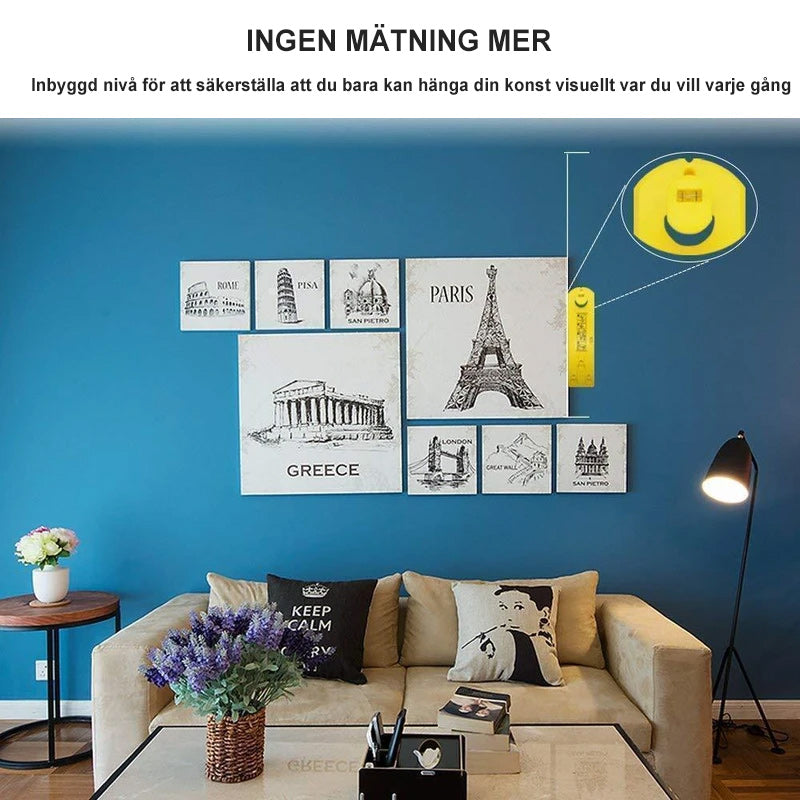 "Tavelhängare med inbyggd vattenpass för exakt konstupphängning, användarvänlig design, klarar upp till 20 kg."