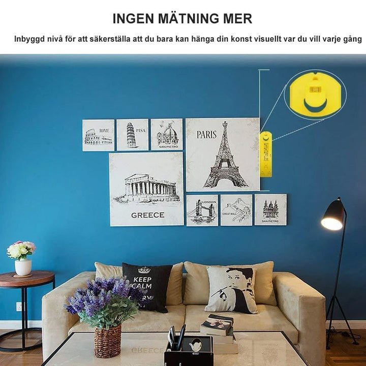 "Tavelhängare med inbyggd vattenpass för exakt konstupphängning, användarvänlig design, klarar upp till 20 kg."