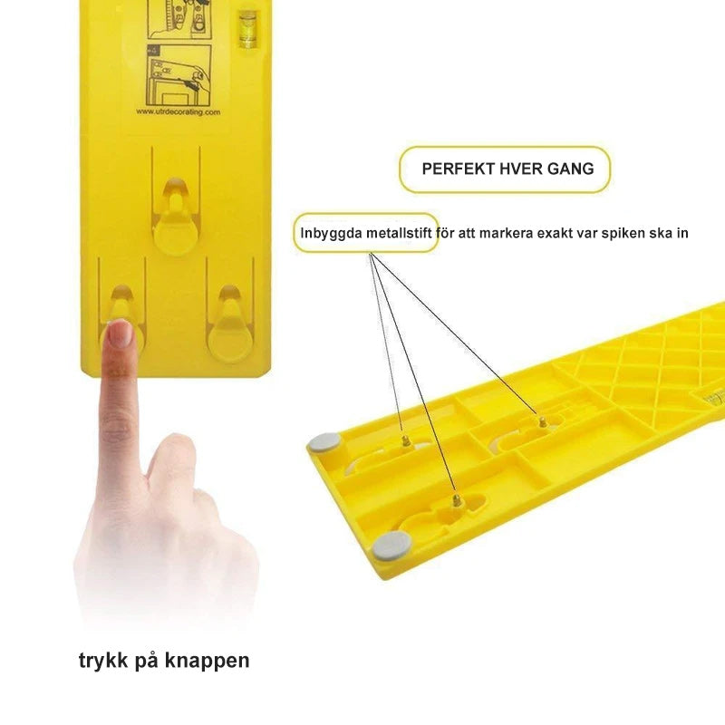"Tavelhängare med inbyggd vattenpass för exakt konstupphängning, användarvänlig design, klarar upp till 20 kg."