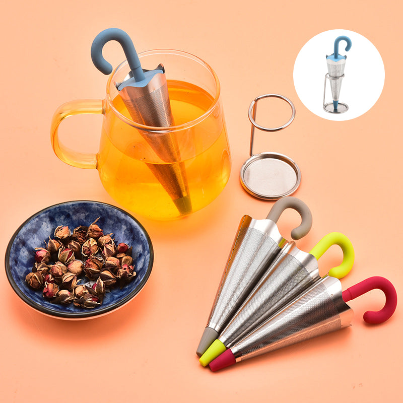 Teinfuser i paraplyform av rostfritt stål med lekfull design, i grönt, rött, grått eller blått, perfekt för tebryggning.