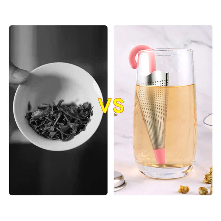 Teinfuser i paraplyform av rostfritt stål med lekfull design, i grönt, rött, grått eller blått, perfekt för tebryggning.