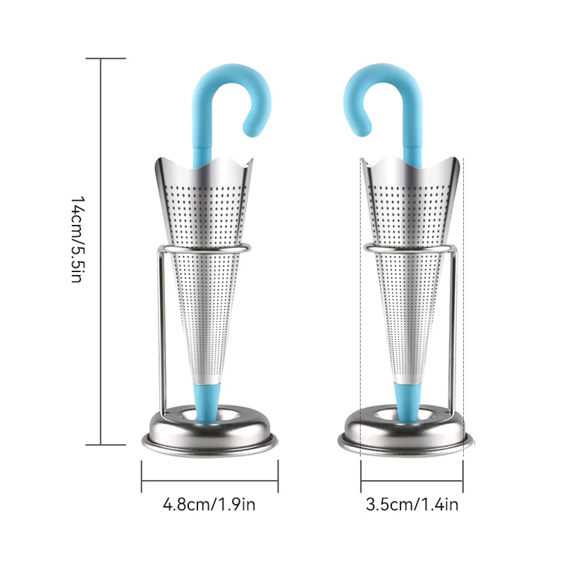 Teinfuser i paraplyform av rostfritt stål med lekfull design, i grönt, rött, grått eller blått, perfekt för tebryggning.