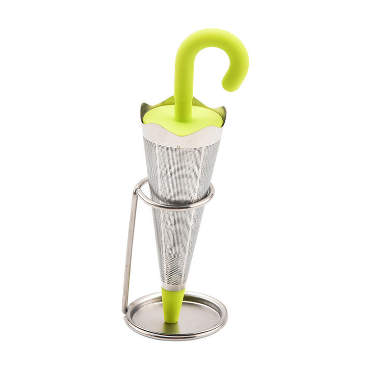 Teinfuser i paraplyform av rostfritt stål med lekfull design, i grönt, rött, grått eller blått, perfekt för tebryggning.