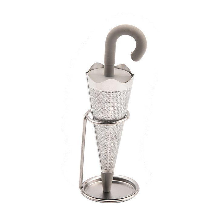 Teinfuser i paraplyform av rostfritt stål med lekfull design, i grönt, rött, grått eller blått, perfekt för tebryggning.