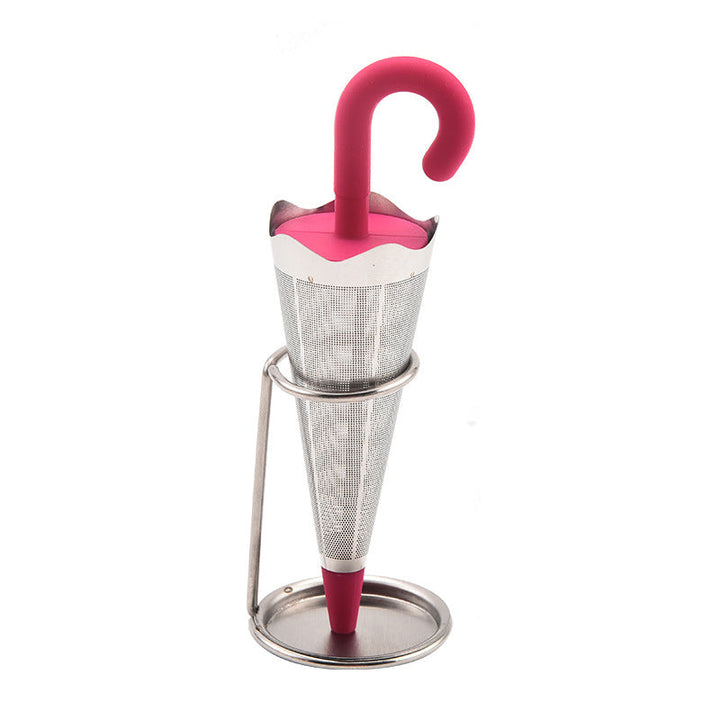 Teinfuser i paraplyform av rostfritt stål med lekfull design, i grönt, rött, grått eller blått, perfekt för tebryggning.