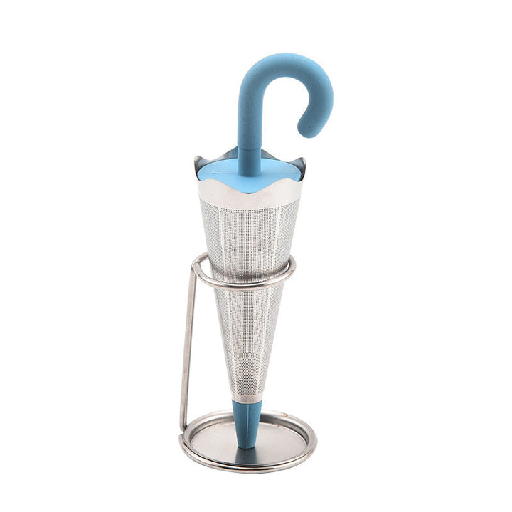 Teinfuser i paraplyform av rostfritt stål med lekfull design, i grönt, rött, grått eller blått, perfekt för tebryggning.