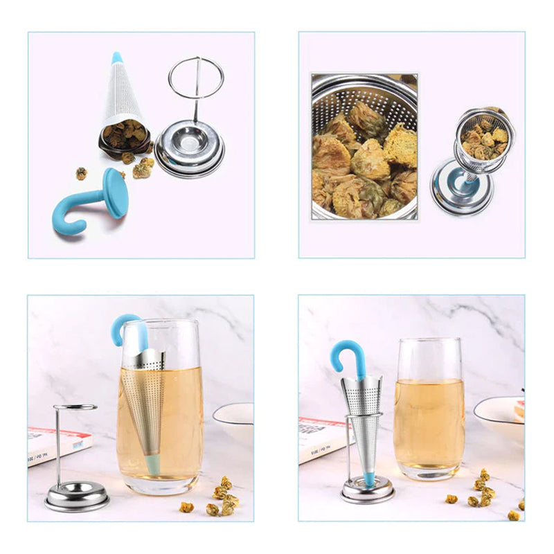 Teinfuser i paraplyform av rostfritt stål med lekfull design, i grönt, rött, grått eller blått, perfekt för tebryggning.
