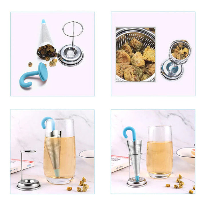 Teinfuser i paraplyform av rostfritt stål med lekfull design, i grönt, rött, grått eller blått, perfekt för tebryggning.