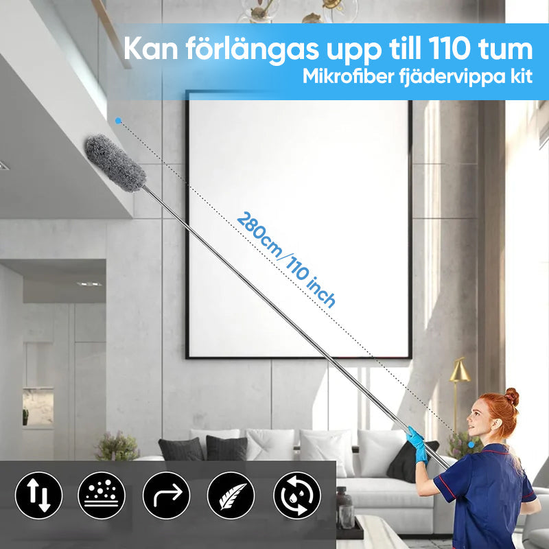 "Teleskopisk böjd mikrofiber dammvippa med förlängbar stång, mjukt böjbart huvud för svåråtkomliga ytor i hemmet."