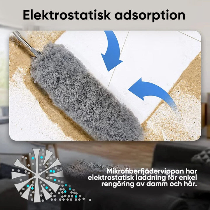 "Teleskopisk böjd mikrofiber dammvippa med förlängbar stång, mjukt böjbart huvud för svåråtkomliga ytor i hemmet."