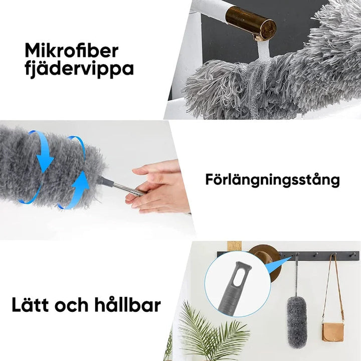 "Teleskopisk böjd mikrofiber dammvippa med förlängbar stång, mjukt böjbart huvud för svåråtkomliga ytor i hemmet."