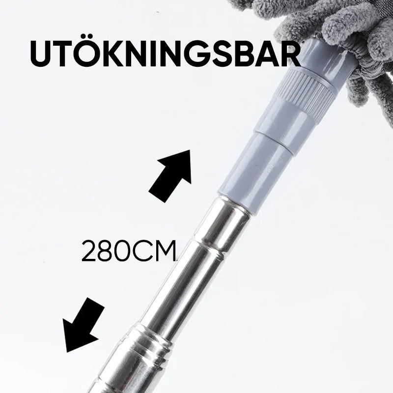 "Teleskopisk böjd mikrofiber dammvippa med förlängbar stång, mjukt böjbart huvud för svåråtkomliga ytor i hemmet."