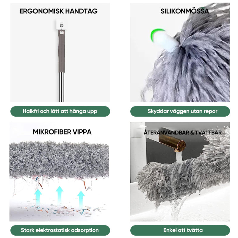 "Teleskopisk böjd mikrofiber dammvippa med förlängbar stång, mjukt böjbart huvud för svåråtkomliga ytor i hemmet."