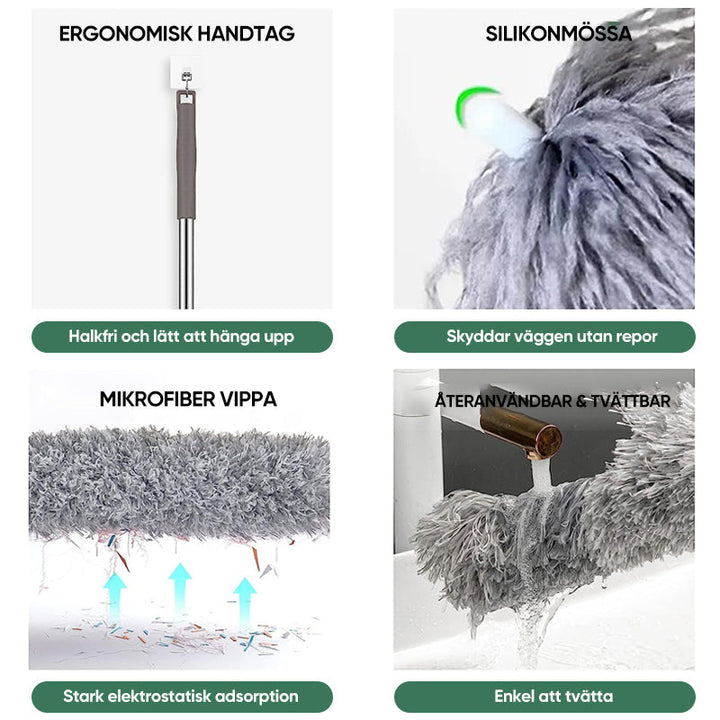 "Teleskopisk böjd mikrofiber dammvippa med förlängbar stång, mjukt böjbart huvud för svåråtkomliga ytor i hemmet."