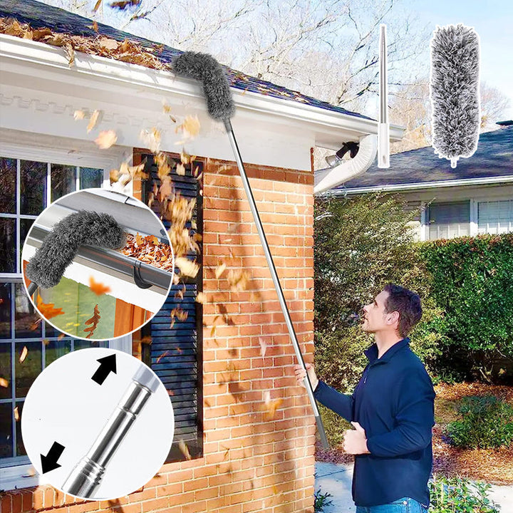 "Teleskopisk böjd mikrofiber dammvippa med förlängbar stång, mjukt böjbart huvud för svåråtkomliga ytor i hemmet."